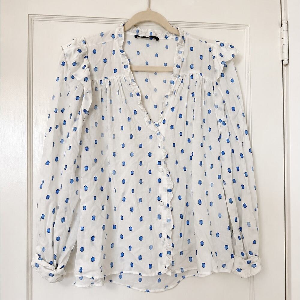 Zara Blue Embroidered Dot Ruffle Blouse – Women’s XS